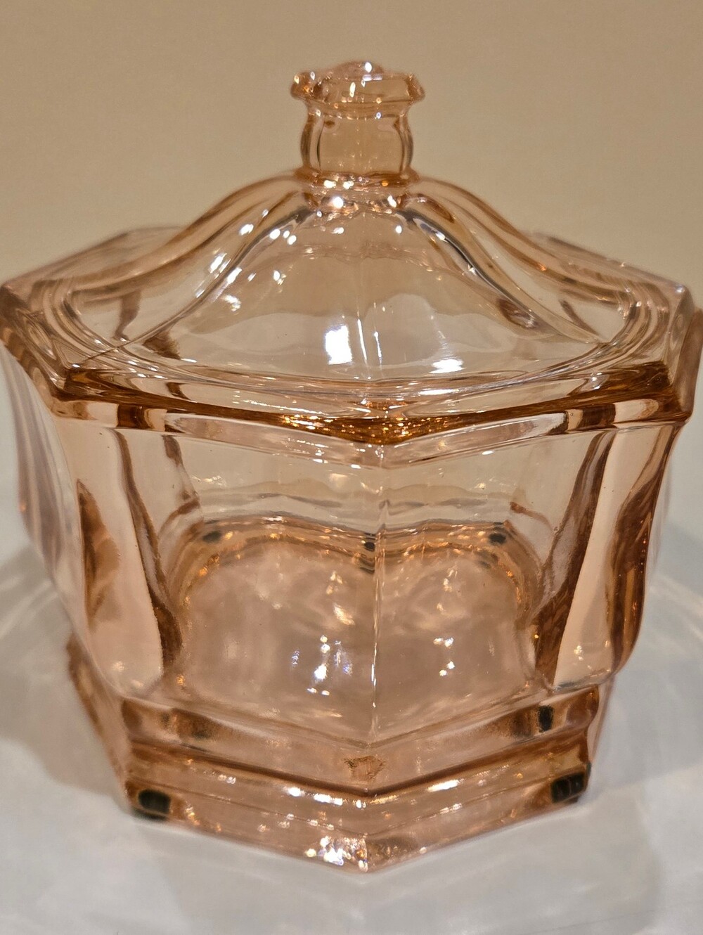 Vintage Indiana Glass Depression Octagonal Pink Glass Covered Candy Dish
